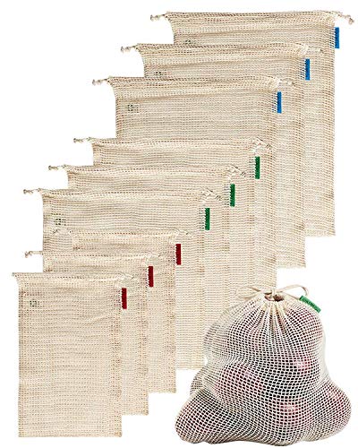 World's Strongest Reusable Produce Bags, Certified Organic Cotton Mesh, Machine Washable, Tare Weight Label, Double Drawstring, Plastic-Free Packaging, 9-Pack - Assorted Sizes (Small, Medium, Large)