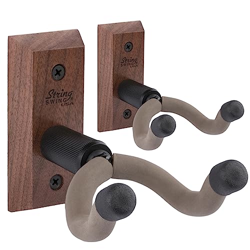 Book Cover String Swing Guitar Hanger - Holder for Electric Acoustic and Bass Guitars - Stand Accessories Home or Studio Wall - Musical Instruments Safe without Hard Cases - Black Walnut Hardwood CC01K-BW 2-Pack
