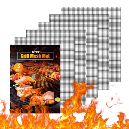 OSVINO Grill Mesh Mat Set of 5 Reusable Non-stick BBQ Sheets Works on Outdoor Gas Charcoal Electric Grill, 16 x 12 inch, Black