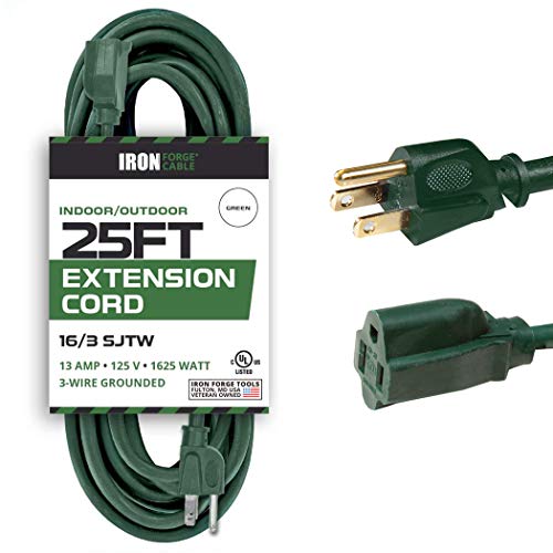 25 Foot Outdoor Extension Cord - 16/3 SJTW Durable Green Extension Cable with 3 Prong Grounded Plug for Safety - Great for Powering Outdoor Christmas Decorations