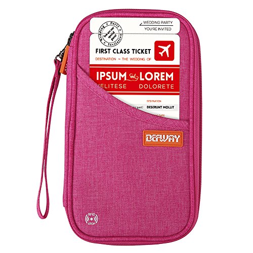 DEW Travel Wallet RFID Blocking Waterproof Document Organizer Credit Card Clutch Bag, Family Passport Holder with Removable Wristlet Strap (Rose Red Handbag)