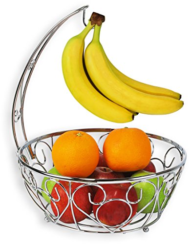 Book Cover SimpleHouseware Fruit Basket Bowl with Banana Tree Hanger, Chrome Finish