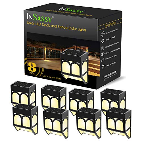 InSassy Solar Wall Lights Outdoor - Wireless Led Waterproof Security Lighting for Fence, Deck, Landscape, Patio, Front Door, Wall, Stair, Yard and Driveway Path - Warm/Color Changing - 8 Pack