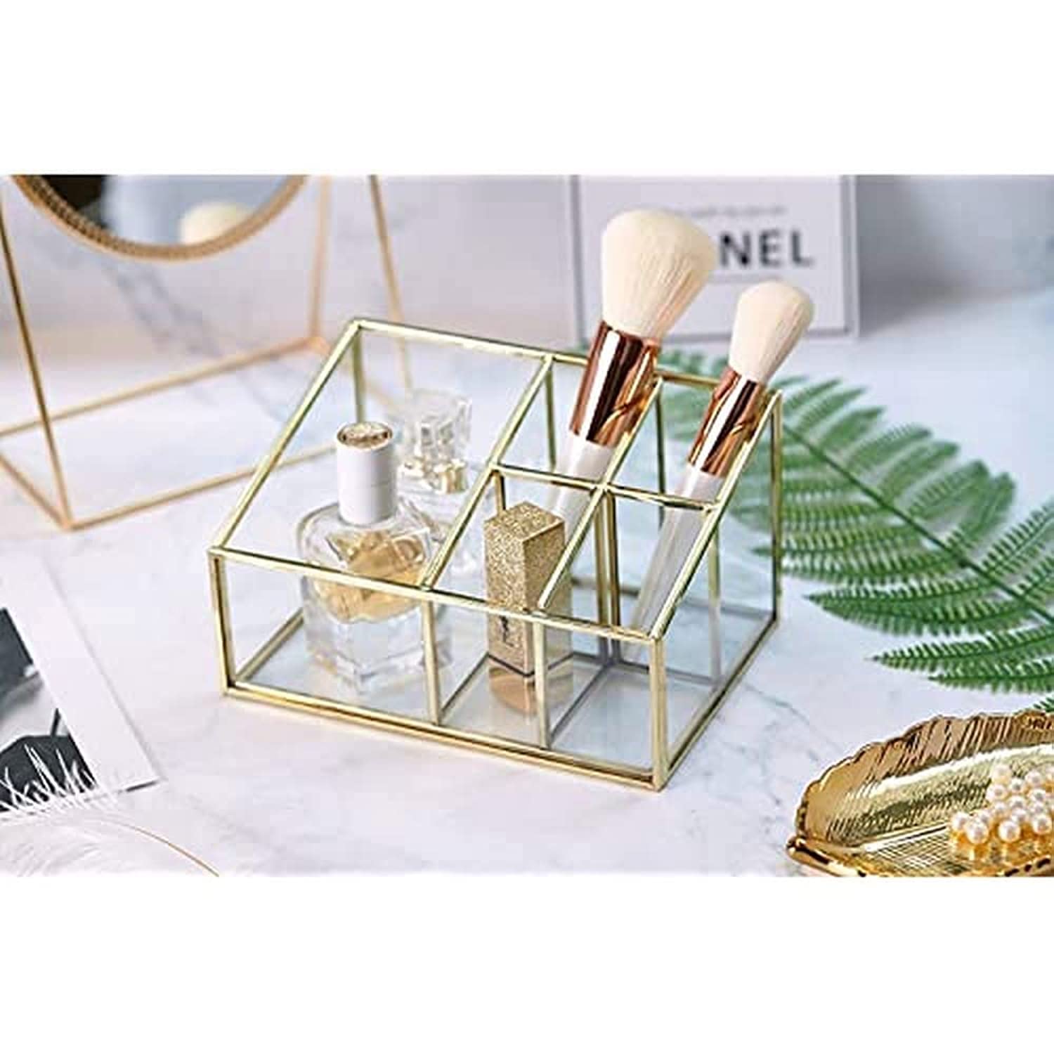 PuTwo Makeup Organizer Vintage 5 Compartments Glass & Metal Cosmetic Organizer Brass Makeup Storage for Makeup Brushes Perfume Lipsticks Nail Polish Makeup Holder for Dresser Vanity Countertop - Gold
