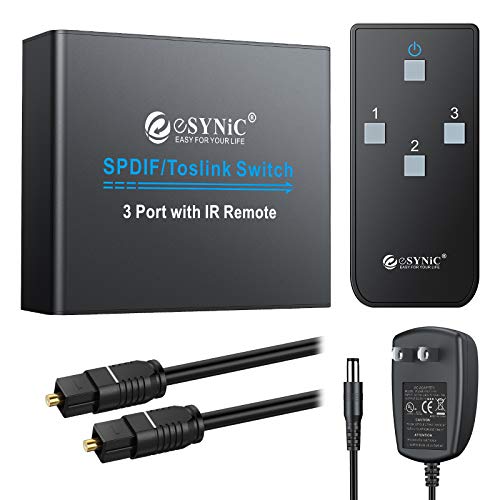 eSynic 3 Port Toslink Switch Digital Optical Audio Switcher 3X1 with IR Remote Control Aluminum Alloy SPDIF Switcher 3 in 1 Out with 6.6ft Optical Cable Supports PCM2.0 5.1CH DTS AC3