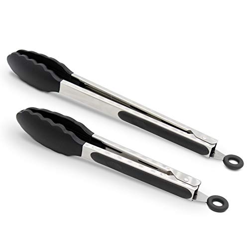 Book Cover 2 Pack Black Kitchen Tongs, Premium Silicone BPA Free Non-Stick Stainless Steel BBQ Cooking Grilling Locking Food Tongs, 9-Inch & 12-Inch
