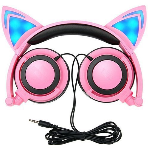 Casque audio pour enfants avec oreilles de chats par Malltek - LED - Casque pliable - Prise jack 3,5 mm - Compatible avec PC, smartphone Android, iPhone, iPad, Samsung, MP3, MP4, et d'autres appareils avec prise Jack 3,5 mm - Rose