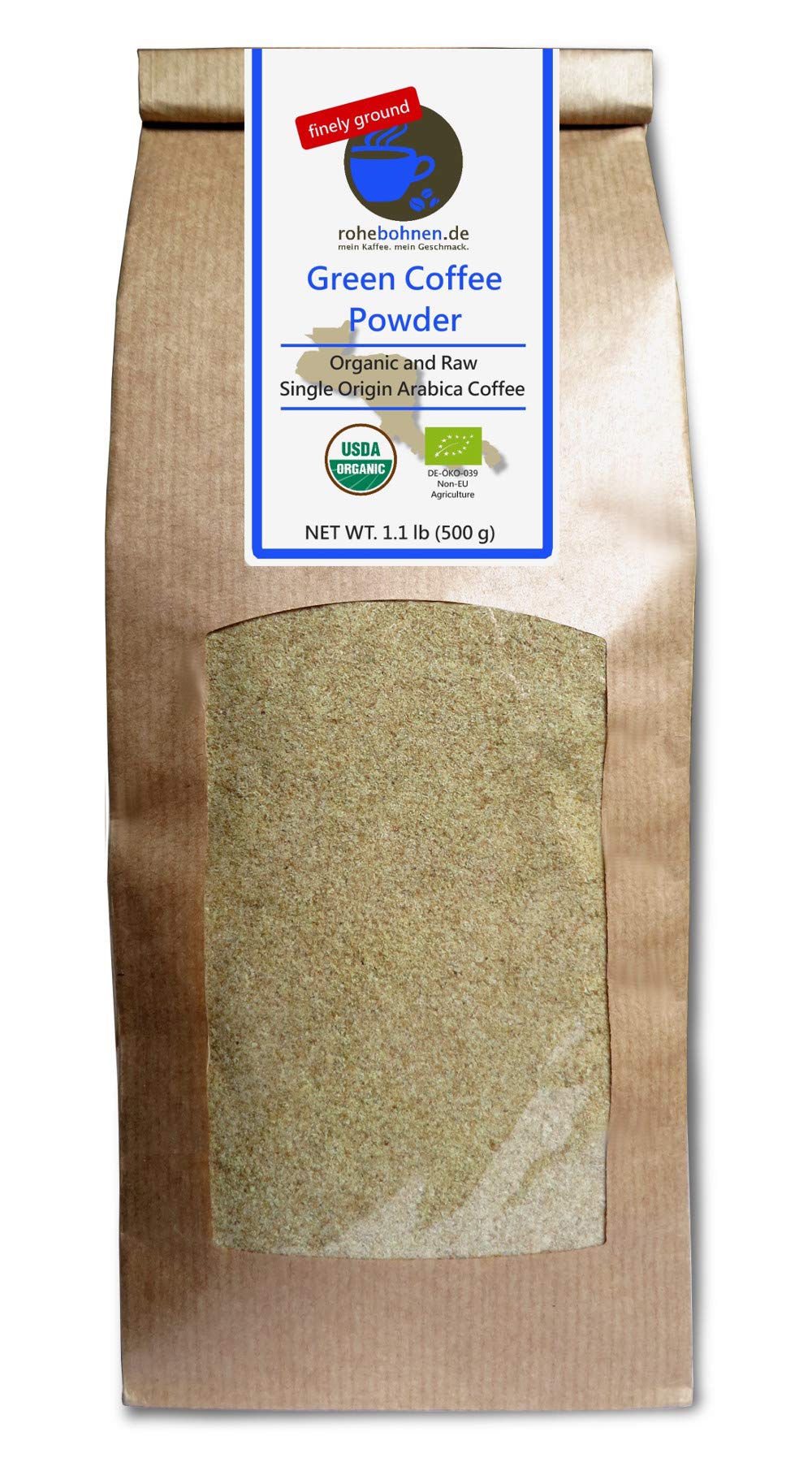 Green Coffee Powder organic, 100% pure and natural (finely ground, 500g) Green Coffee 1.1 Pound (Pack of 1)