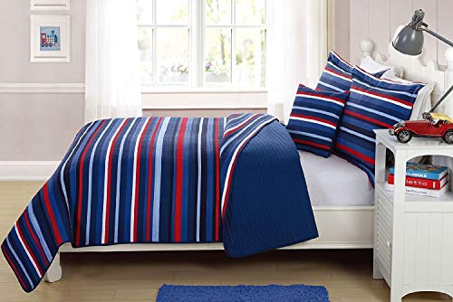 Book Cover Elegant Home Decor Multicolor Light & Dark Blue Red White Striped Design Fun Colorful Quilt Bedspread Bedding Set with Decorative Pillow for Kids/Boys # Ocean (Twin)