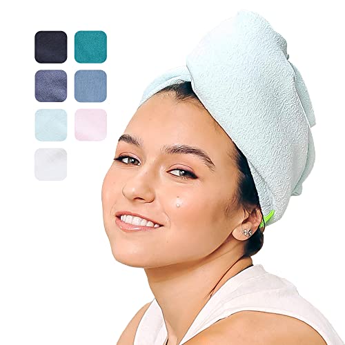 AQUIS Hair Wrap, Water-Wicking Microfiber Towel, Dries Hair 50% Faster, Button-Loop Closure, Hands Free Hair Drying, Sea Glass Light Green, (10" x 29" - Turban Shape)