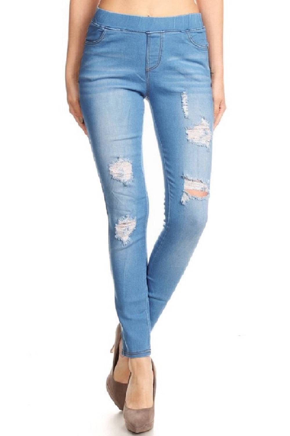 Women's Stretch Pull-On Jeans Skinny Ripped Distressed Denim Jeggings Regular-Plus Size Small Blue-58
