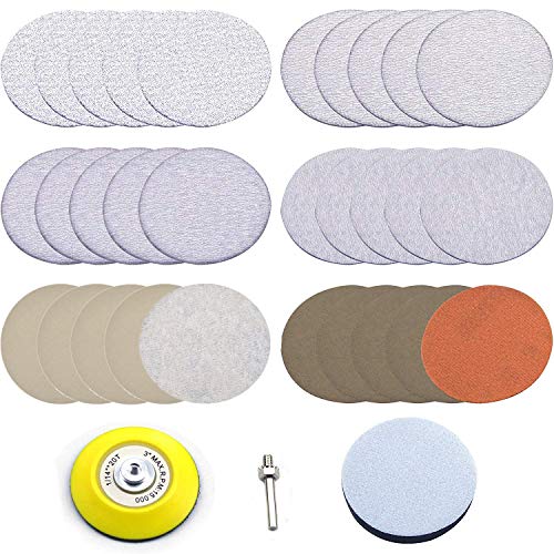 3 inch Multiple Grits Aluminum Oxide Dry & Wet/Dry Hook Loop Sanding Discs a 1/4 inch Shank Backing Pad + Soft Foam Buffering Pad, 5-Pieces Each 60, 240, 600, 1000, 5000 10000 Grits