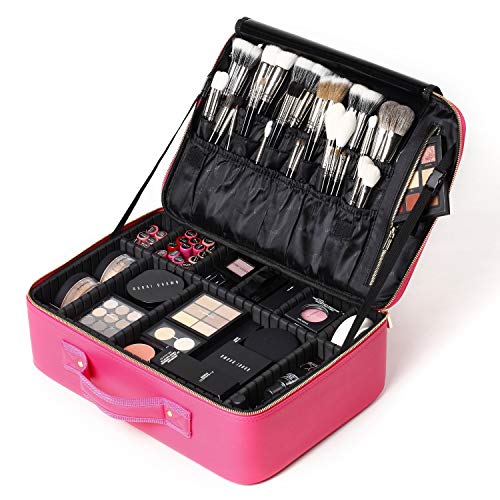 ROWNYEON Makeup Train Case Travel Cosmetic Case Professional Makeup Bag Organizer Travel Bag Storage Bag Large Capacity PU Leather Gift for Girls Women with EVA Adjustable Dividers Large Pink