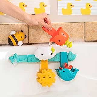Battat â€“ Baby Bath Toy Bar â€“ Spin N Sort Spout â€“ 6 Removable Pieces and 2 Suction Cups â€“ Stackable, Sortable, Spinnable Bath Toys for Toddlers