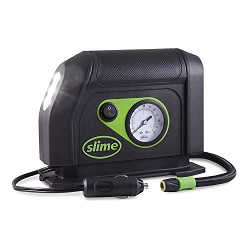 Book Cover Slime 40050 Tire Inflator, Portable Car Air Compressor, with Analog 100 psi Dial Gauge, Long Hose and LED Light, 12V, 8 min Inflation