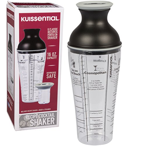 Recipe Cocktail Shaker, 16oz, Includes 6 Mixed Drink Recipes Jigger, Strainer