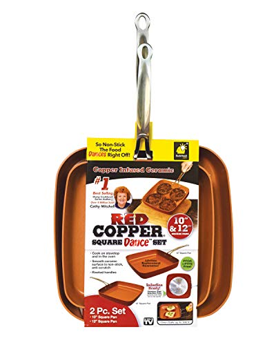 Red Copper Cookware 10- and 12-Inch Square Frying Pan Set of 2 by BulbHead