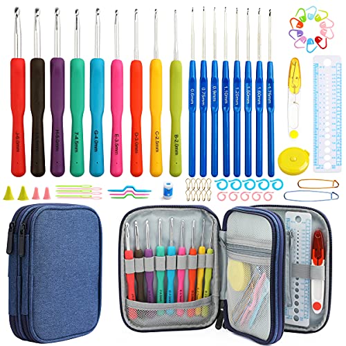 Looen Crochet Hooks Set-Yarn Needles Coloured Aluminum with Storage Case Rubbery Handle Ergonomic Comfort Grip DIY Craft Handmake Kit 47pcs