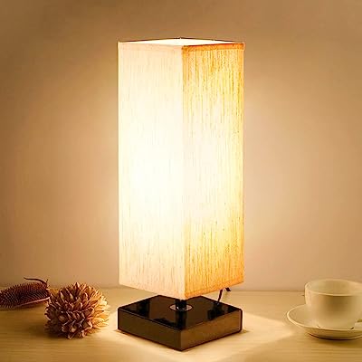Book Cover Small Table Lamp for Bedroom - Bedside Lamps for Nightstand, Minimalist Solid Wood Night Stand Light Lamp with Square Fabric Shade, Desk Reading Lamp for Kids Room Living Room Office Dorm