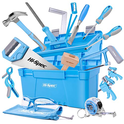 Hi-Spec 25 Piece Beginner Carpentry Tool Set with Tool Box, Wood Carving Tools, 3/4 inch Wood Chisel & Wooden Mallet, Half Round Rasp, Hand Saw, Hacksaw & Woodworking Tools for Kid & Young Carpenters