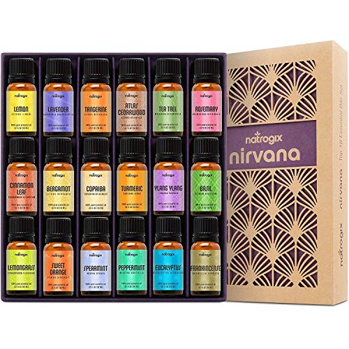 Natrogix Nirvana Essential Oils - Top 18 Essential Oil Set 100% Pure Therapeutic Grade 18/10ml Incl. Lavender, Moroccan Rosemary, Tea Tree, Eucalyptus, Lemongrass and 13 More w/Free E-Book
