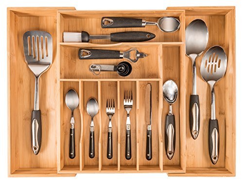 Book Cover More Compartments, Organic Bamboo Utensil Organizer, Silverware Organizer & Cutlery Tray for Your Kitchen Flatware Drawer,Each Expandable Utensil Tray Comes with 10 Compartments & fits a 12 PC setting