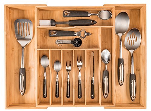 More Compartments, Bamboo Utensil Drawer Organizer, Silverware Tray & Cutlery Utensil Holder, Kitchen Drawer Organization, Expandable Flatware Utensil Tray Has 10 Compartments, Fits a 12 PC Setting