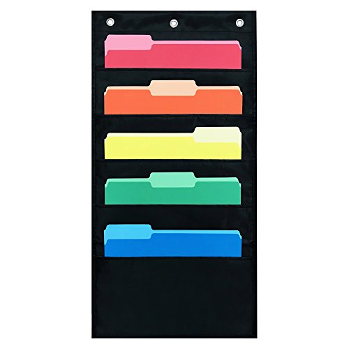 5 Pocket Compact Storage Pocket Chart, Hanging Wall File Organizer by Essex Wares - Organize Your Assignments, Files, Scrapbook Papers & More (Black)