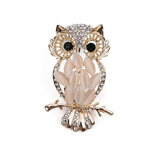 Reizteko Crystal Rhinestone Perched Cute Green Eyed Owl Brooch and Pin Comes with Gift Bag (Beige)