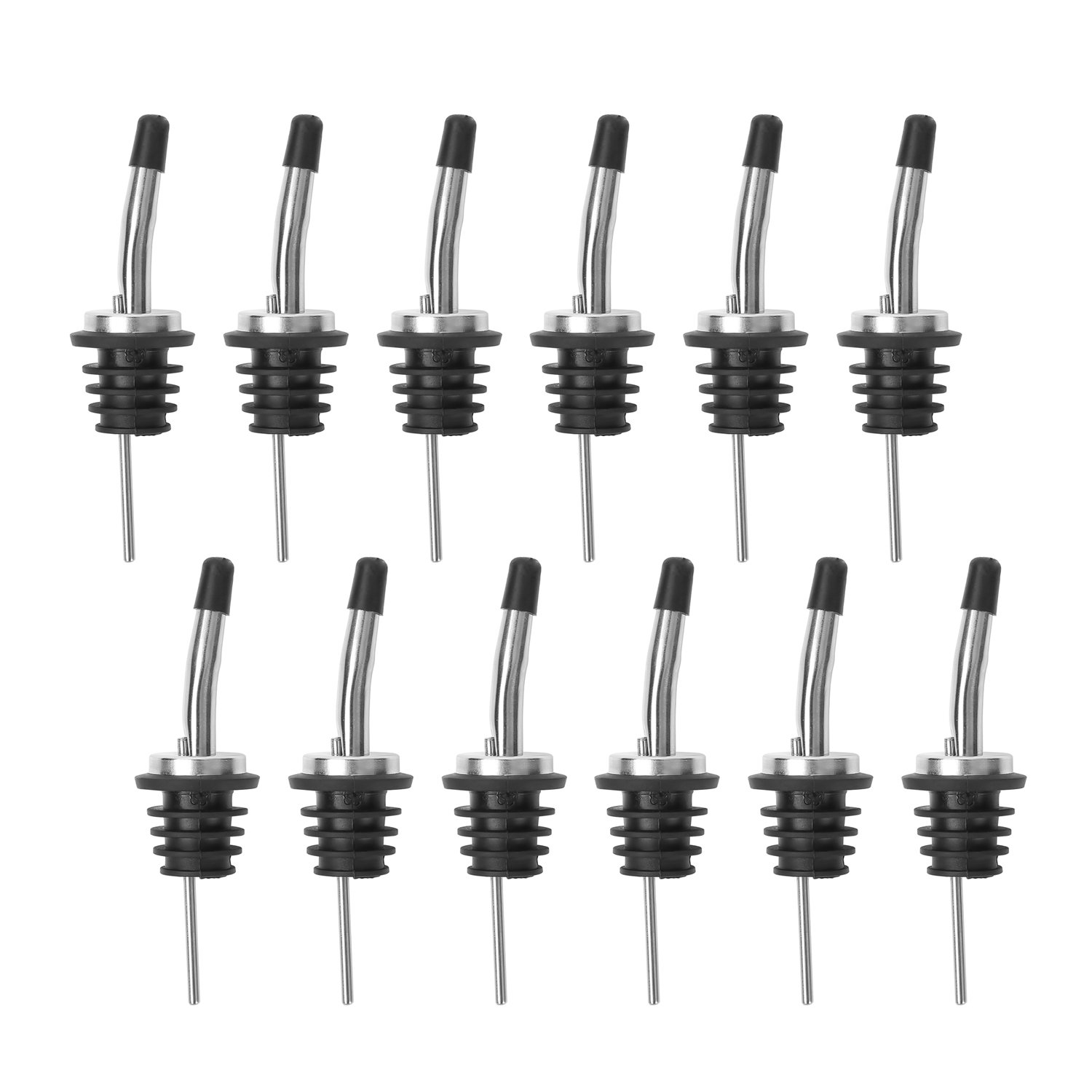 [UPGRADED VERSION] 12 Pack Stainless Steel Classic Bottle Pourers Tapered Spout - Liquor Pourers with Rubber Dust Caps