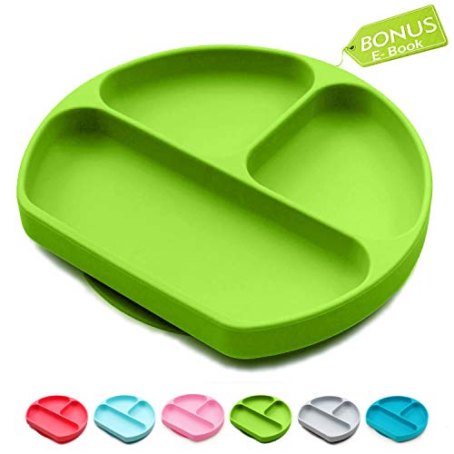 Book Cover Toddler Suction Plate And Bowl That Stick To highChair, Non Slip Silicone Feeding Placemat For Babies, Infant, Divided Baby Dishes, Perfect Kids Plates, Dishwasher, Microwave Safe (Green)