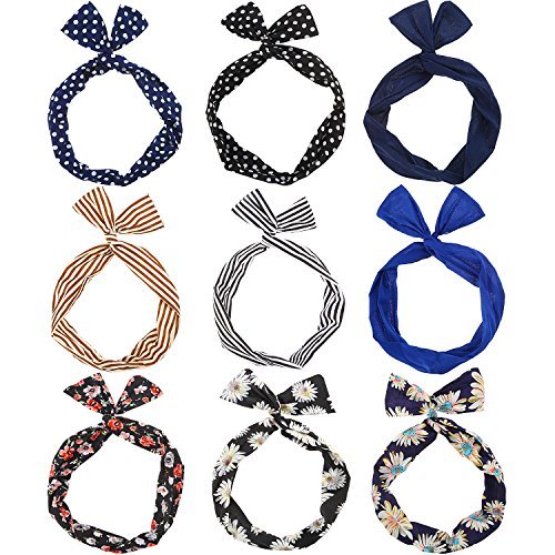 TOODOO 9 Pieces Wire Headbands for Women Girls, Hair Tie Twist Bow Wire Headbands Bowknots Satin Headband Rabbit Ear Wired Headband Yoga Headbands Sports Hair Accessory Hairbands