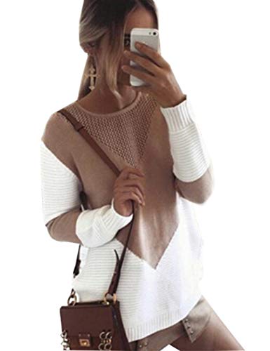 Book Cover shermie Women Long Sleeve Crew Neck Pullovers Stitching Color Loose Knitted Sweaters