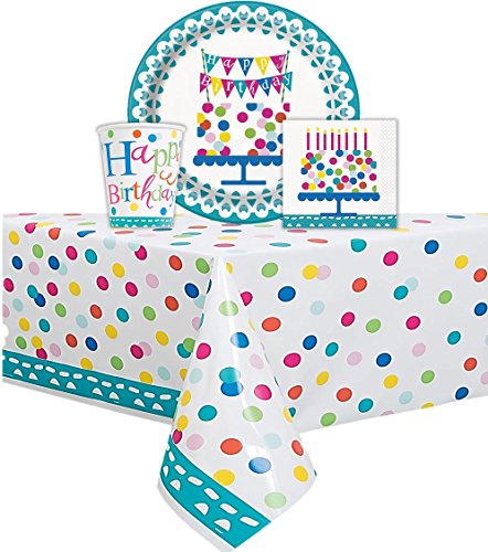 Confetti Cake Themed Happy Birthday Party Set - One Confetti Cake Birthday Plastic Tablecloth, 84" x 54" 16 Plates 9" 16 Cups 9" and 16 Napkins, Serves 16 Guest