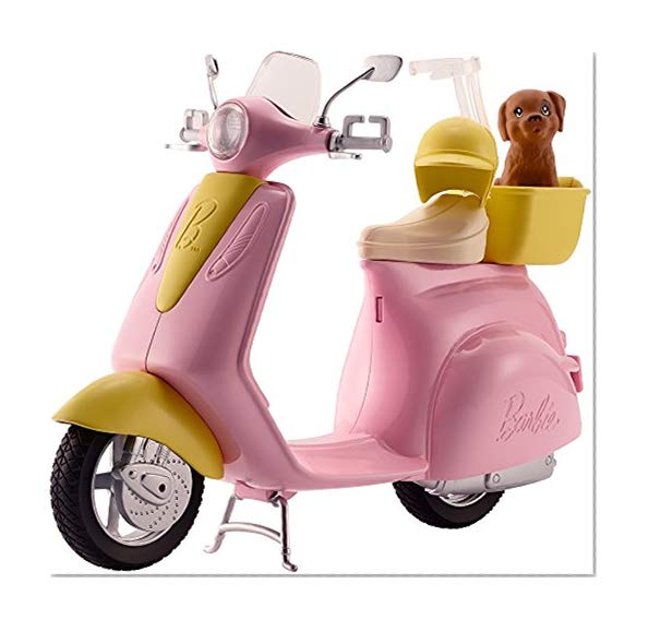 Barbie Mobilier Scooter, moto rose pour poupées, fournie avec casque et panier jaune et figurine de chien, jouet pour enfant, FRP56