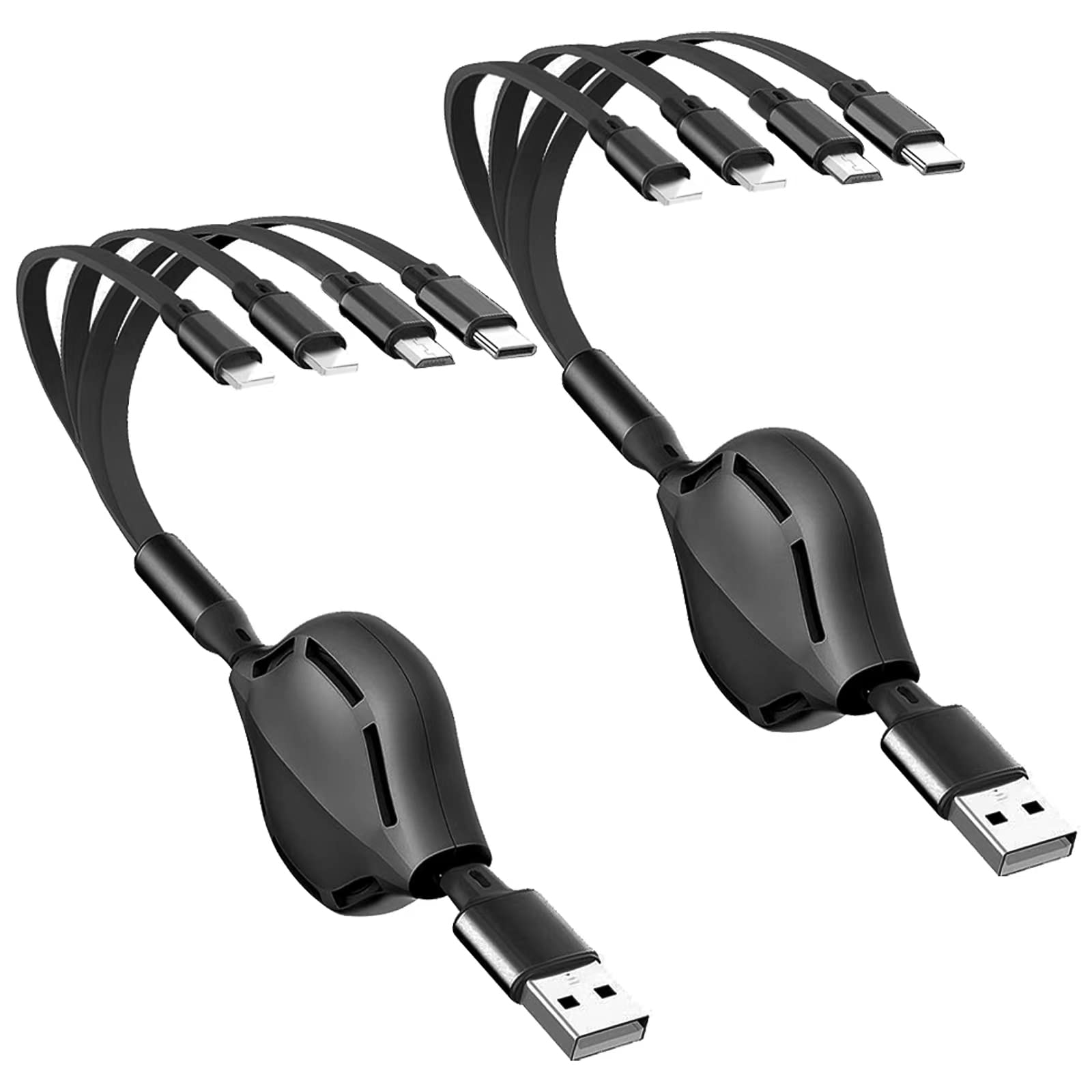 Multi Charging Cable 4 in 1 Retractable Multi Fast Charger Cable Multi Charging Cord USB Cable Adapter with 2 * IP/Type C/Micro USB Port for Cell Phones/IP/Samsung Galaxy/Ps/Huawei/Tablets and More Black