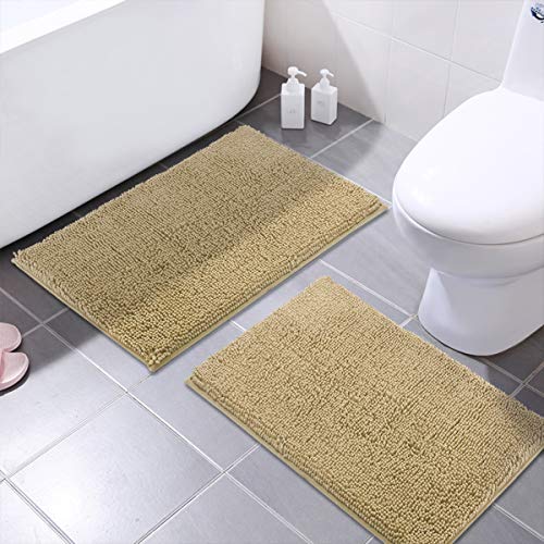 Book Cover MAYSHINE 16x24 Inches Non-Slip Bathroom Rug Shag Shower Mat Machine-Washable Bath Mats with Water Absorbent Soft Microfibers Living Room Entrance Bedroom, 2 Pack, Brown