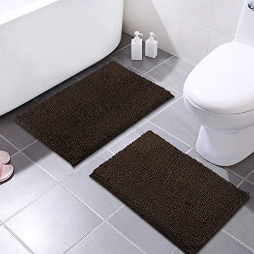 MAYSHINE 16x24 Inches Non-Slip Bathroom Rug Shag Shower Mat Machine-Washable Bath Mats with Water Absorbent Soft Microfibers Living Room Entrance Bedroom, 2 Pack, Brown