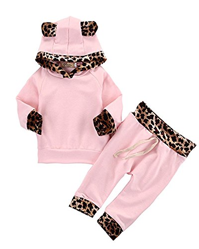 Book Cover 2Pcs Cute Newborn Baby Girls Pink Leopard Hoodie T-Shirt Top + Pants Outfits Set (0-3Months, Pink&Leopard)