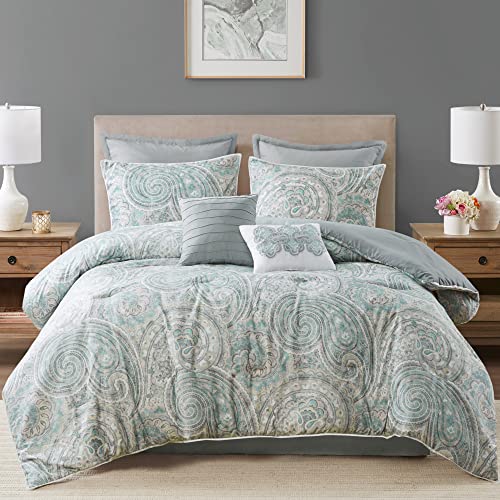 Comfort Spaces Kashmir 8 Piece Comforter Set Hypoallergenic Microfiber Lightweight All Season Paisley Print Bedding, Cal King, Soft Blue