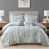 Comfort Spaces Kashmir 8 Piece Comforter Set Hypoallergenic Microfiber Lightweight All Season Paisley Print Bedding, Cal King, Soft Blue