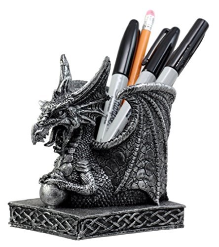 Ebros Gift Shenlong Spirit Dragon Orb Stationery Holder Figurine 4.75"H Office Desktop Accessory Pen Organizer