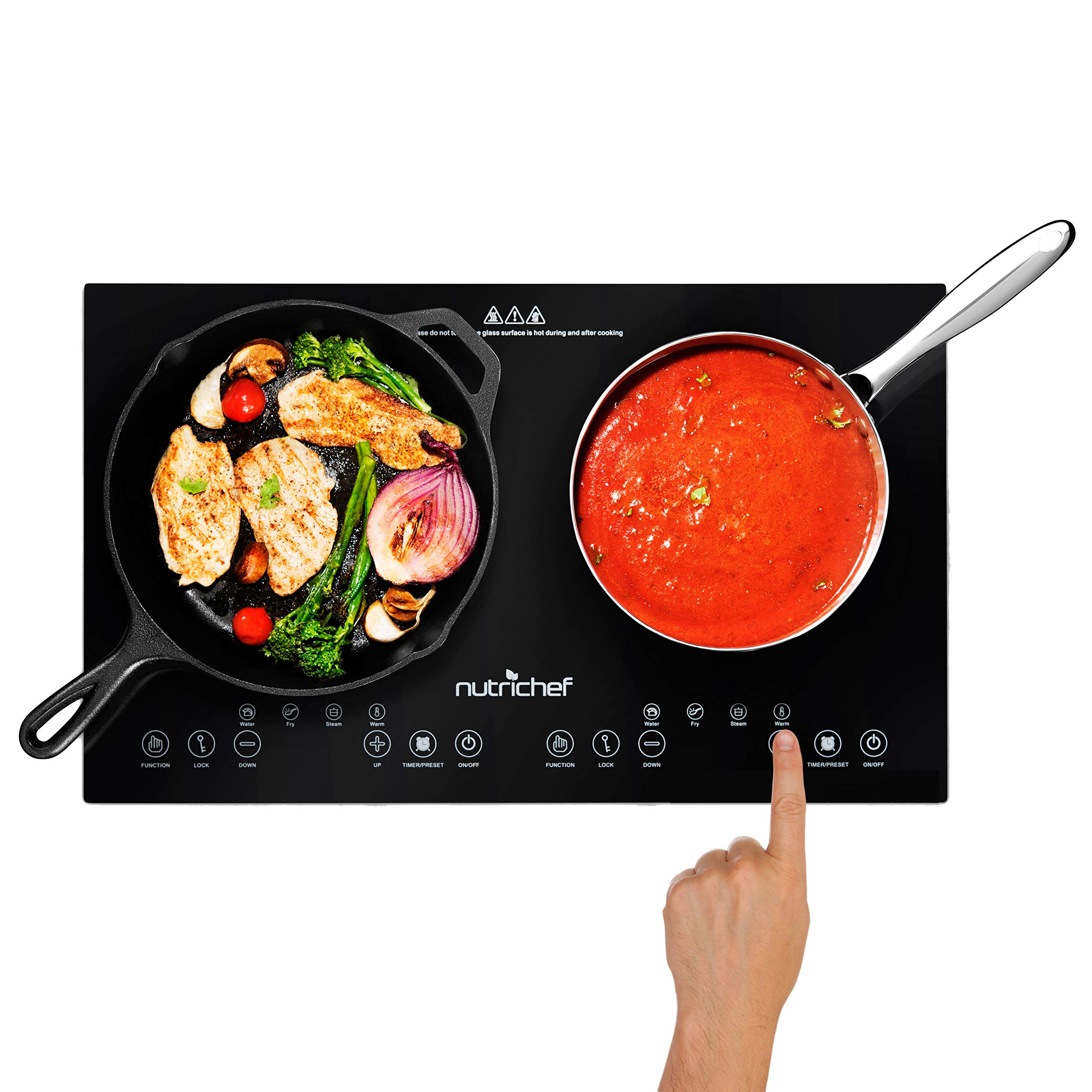 Book Cover NutriChef Double Induction Cooktop - Portable 120V Digital Ceramic Dual Burner w/ Kids Safety Lock - Works with Flat Cast Iron Pan,1800 Watt,Touch Sensor Control, 12 Controls - NutriChef PKSTIND48