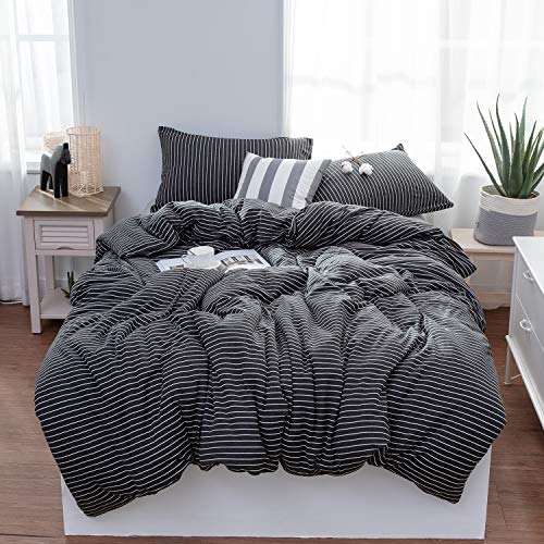Book Cover LIFETOWN Duvet Cover Queen - Ultra Soft Jersey Cotton Comforter Cover 3 Piece Set with Zipper Closure & Corner Ties (Queen, Charcoal & White Stripes)