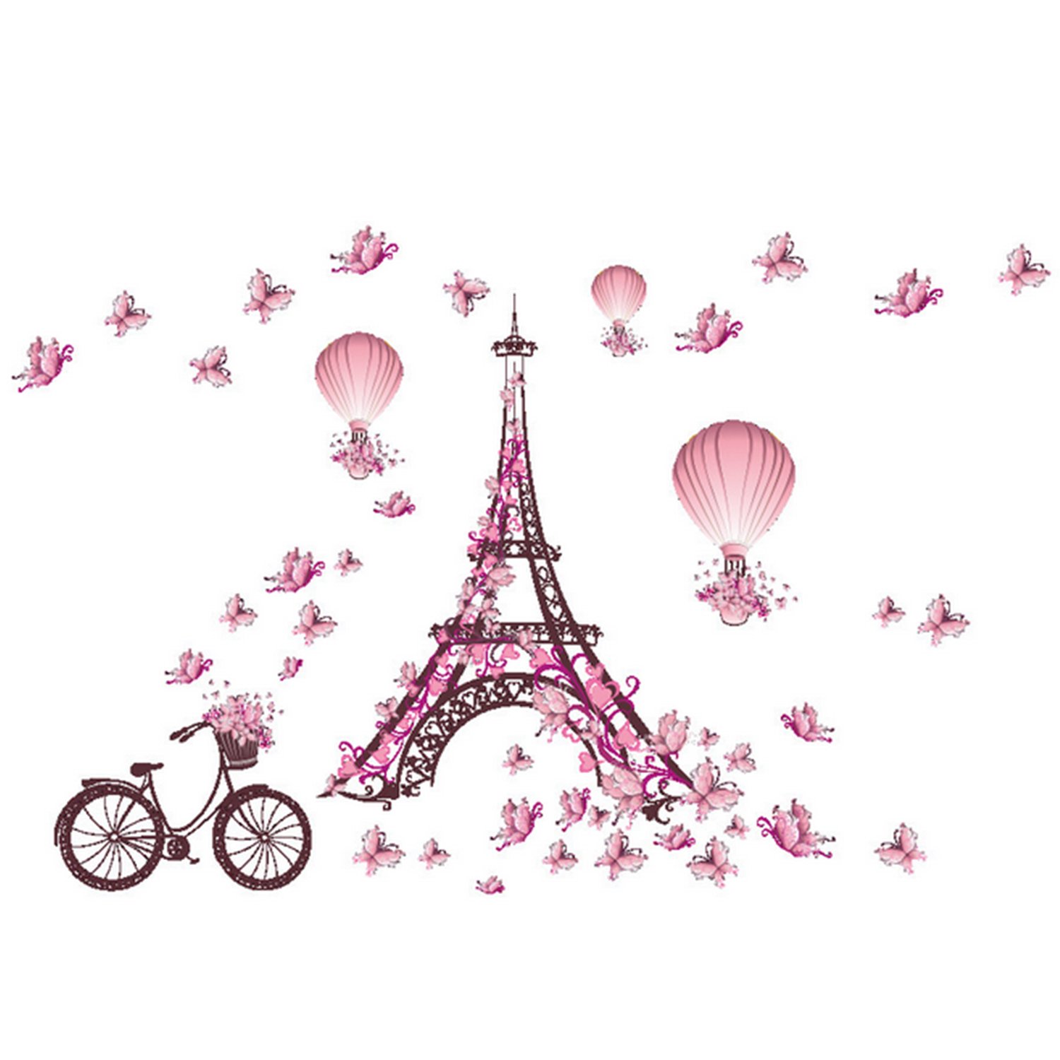 Book Cover Decor MI Romance Eiffel Tower Paris Butterfly Balloon Wall Decal Stickers Waterproof Removable Background Paris Decors Wallpaper Pink Wall Decals for Girls Bedroom Living Room Bathroom 39x26 inches Romance Paris