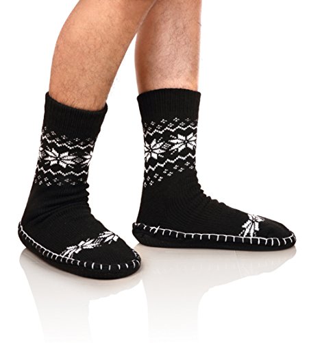 Mens Slipper Fuzzy Socks Fluffy Cozy Soft Warm Winter Fleece Lined Sherpa Comfy Thick Christmas Thermal Socks With Grips (One Pair Black Snowflake)
