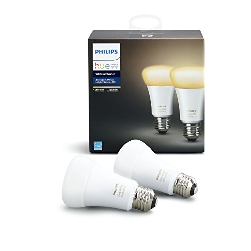 Book Cover Philips Hue White Ambiance A19 2-Pack 60W Equivalent Dimmable LED Smart Bulbs (Hue Hub Required, Works with Alexa, Apple Homekit & more), Old Version, 2 Bulbs (453092)