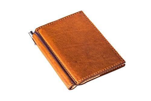 Book Cover OleksynPrannyk Mini Leather Journal with Pen 3x4 in Horween Leather Cover Extra Small olpr. Notebook (Natural)