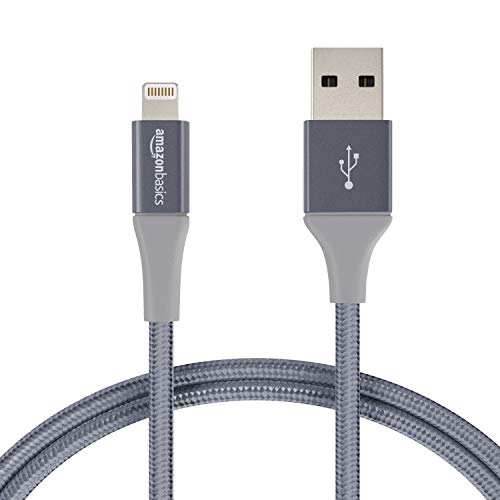 Book Cover Amazon Basics Double Braided Nylon Lightning to USB A Cable, Advanced Collection - MFi Certified Apple iPhone Charger, Dark Gray, 4 Inch