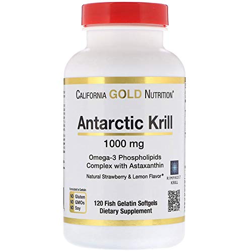 California Gold Nutrition Antarctic Krill Oil with Astaxanthin RIMFROST Natural Strawberry Lemon Flavor 1000 mg 120 Fish Gelatin Softgels, Milk-Free, Egg-Free, Gluten-Free, Peanut Free, Soy-Free, CGN